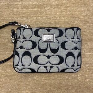 Coach Poppy Signature Wristlet Black & Gray Logo Print Small Zip Pouch